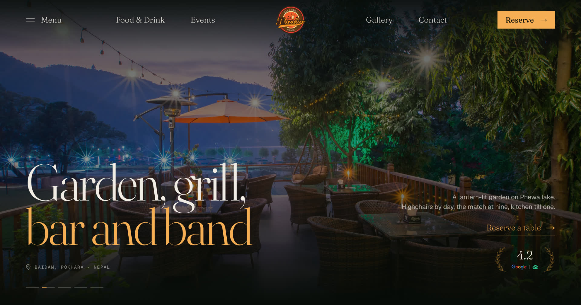 Paradiso Sports Bar & Grill — the site's hero: the lakeside terrace at dusk above Phewa lake, with the headline "Garden, grill, bar and band", a Reserve button and the venue's 4.2 Google rating.